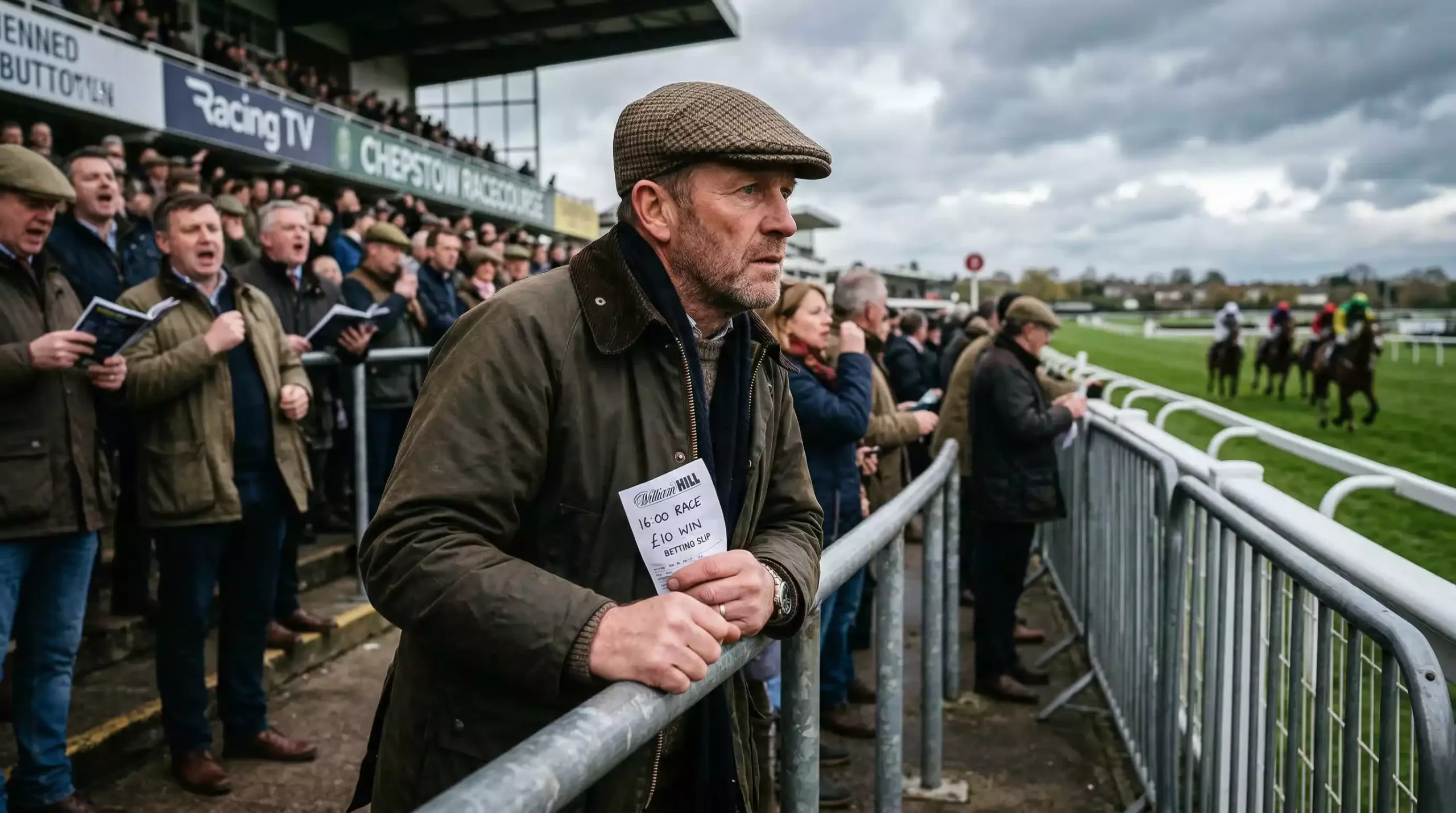 Racegoer holding a betting slip while watching horses cross the finish line at a British racecourse