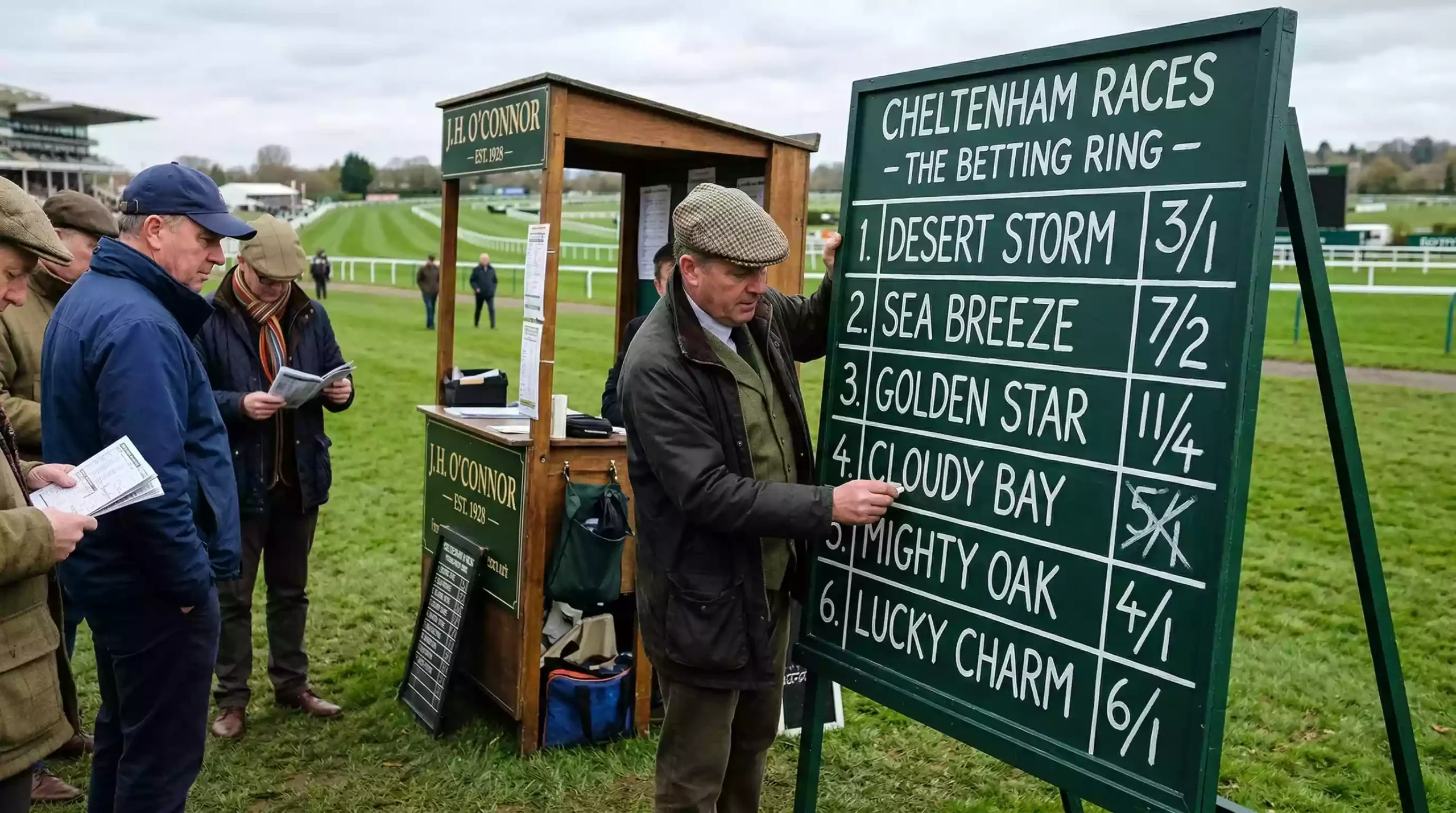 Close-up of a bookmaker's board showing starting price odds at a horse racing meeting