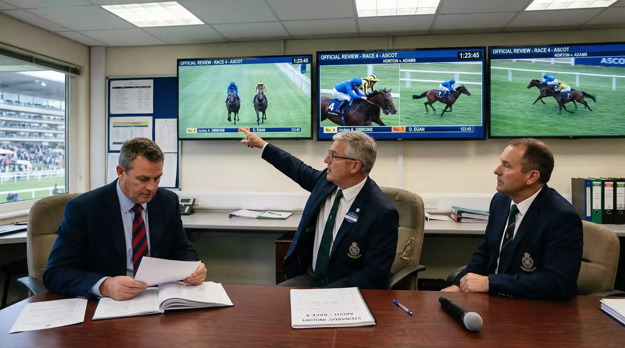 Racecourse stewards reviewing camera footage on multiple screens during an enquiry