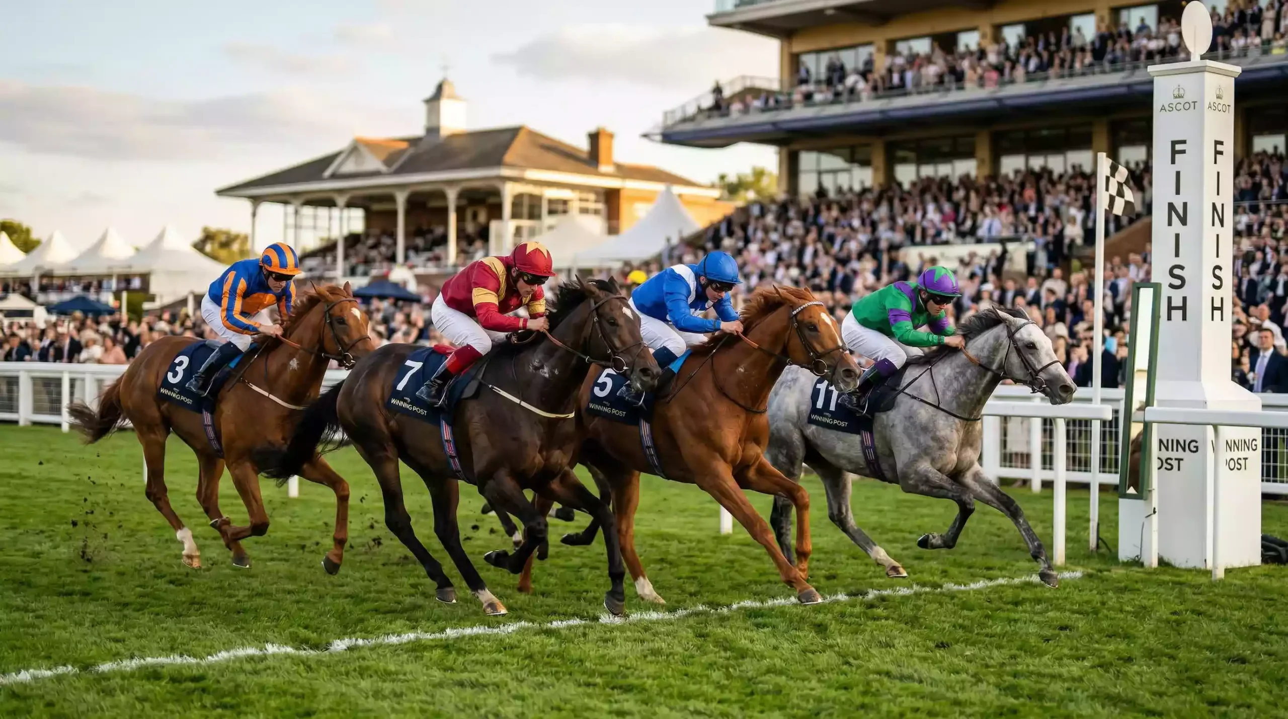 Thoroughbred horses racing towards the finish line at a British racecourse on a sunny afternoon