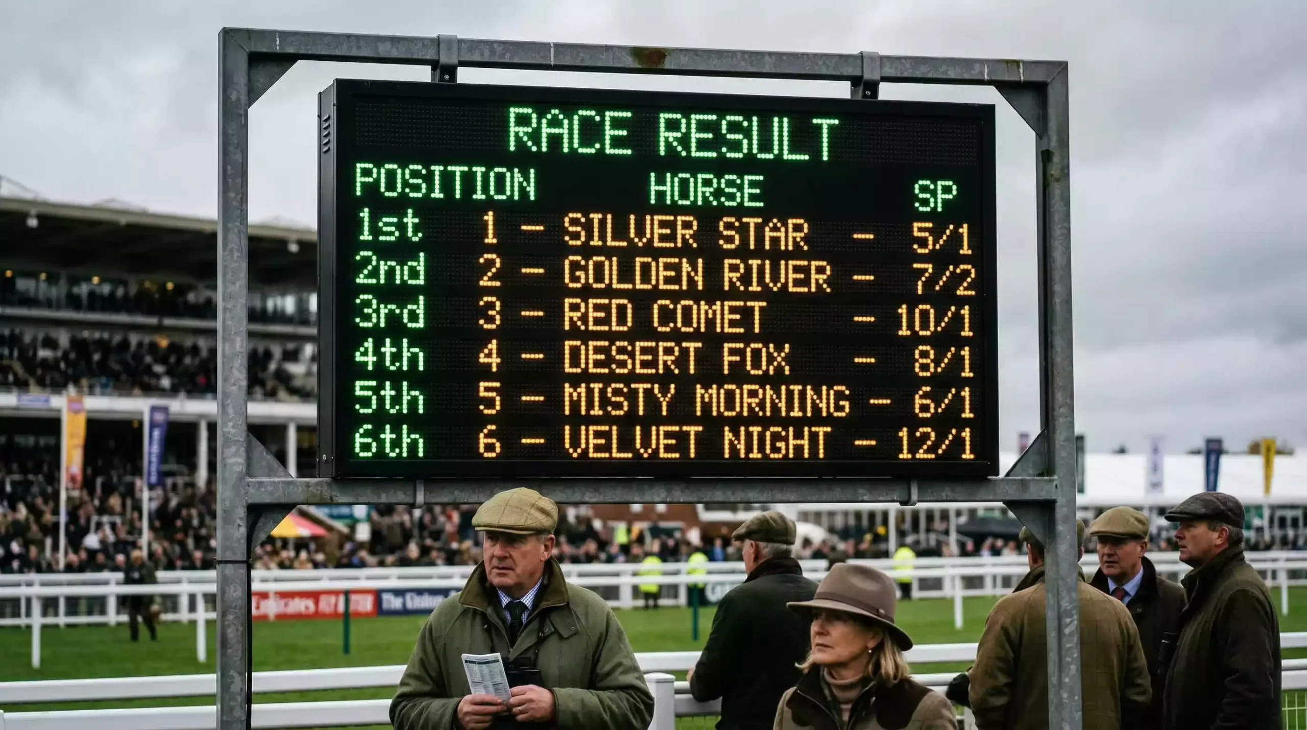 Electronic results board displaying finishing positions and starting prices at a UK racecourse
