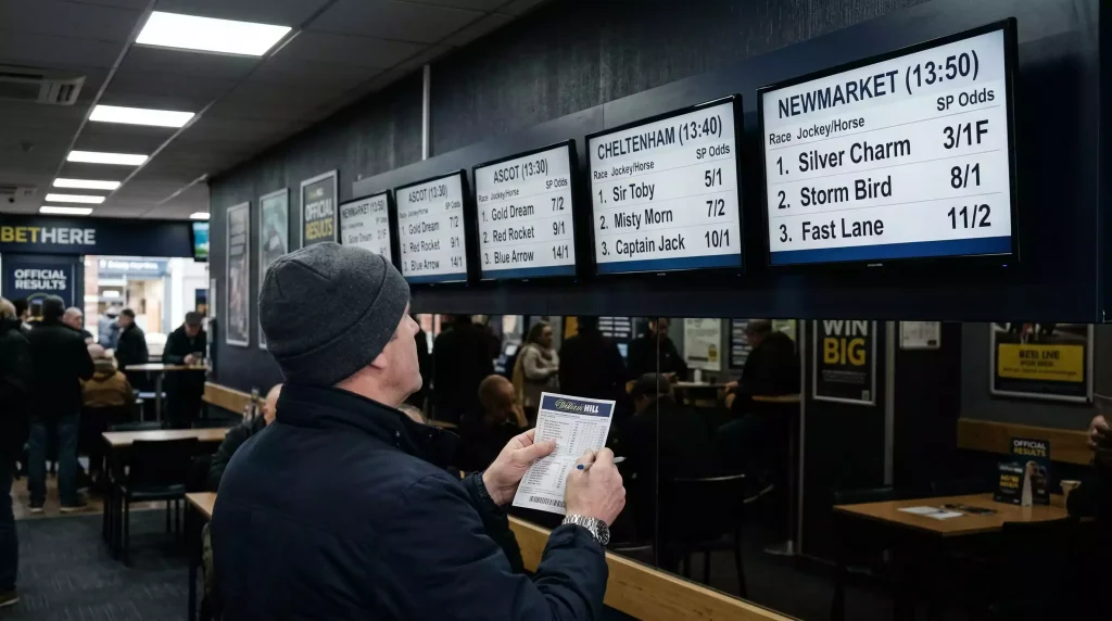Multiple horse racing results displayed on screens showing an accumulator bet check