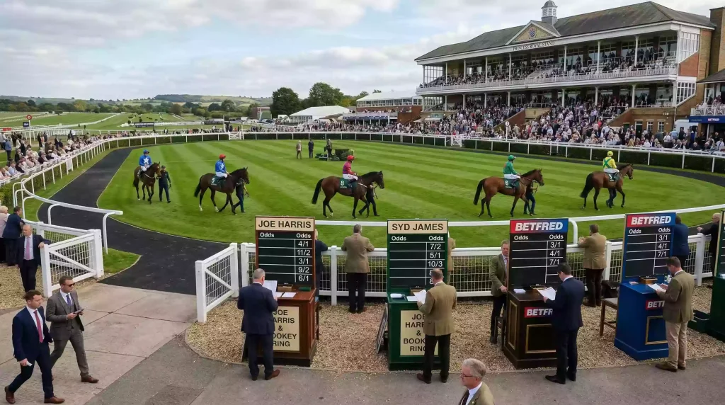 British racecourse grandstand with betting ring in foreground showing the connection between betting and racing