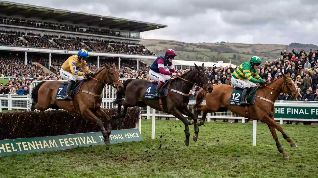 Horses jumping a fence at Cheltenham Festival with Prestbury Park grandstand and crowds in the background