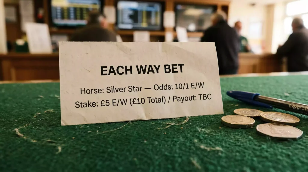 Betting slip showing an each-way horse racing wager with SP odds visible