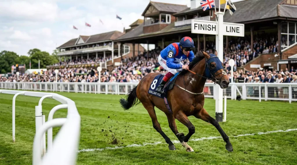 Thoroughbred horse crossing the finish line at a UK racecourse with the judge