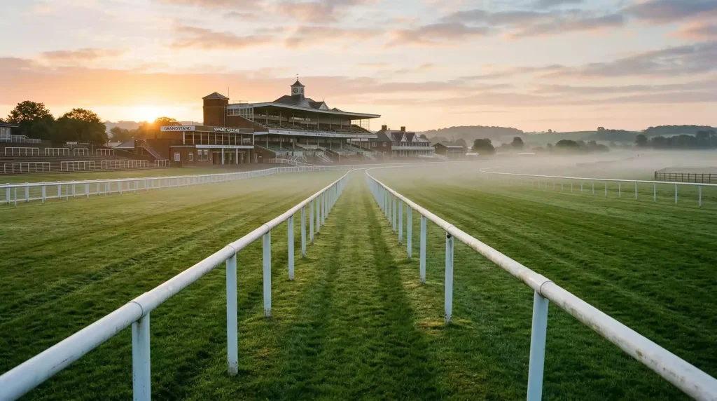 Empty British racecourse track at dawn with the grandstand and green turf stretching into the distance