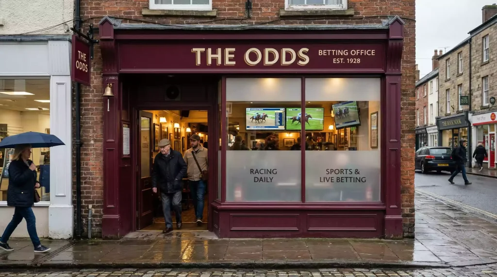 Traditional British high-street betting shop exterior with horse racing displayed inside