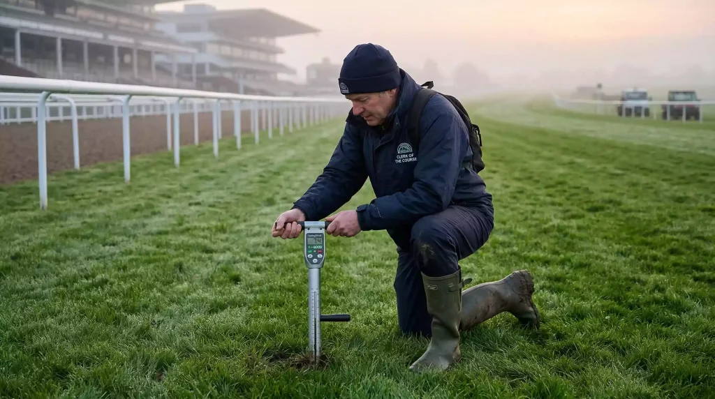Racecourse clerk inspecting turf ground conditions with a GoingStick device