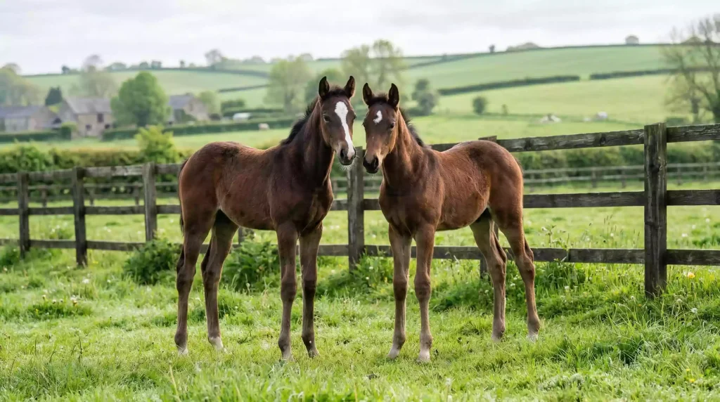 Young thoroughbred foals grazing in a paddock at a British stud farm