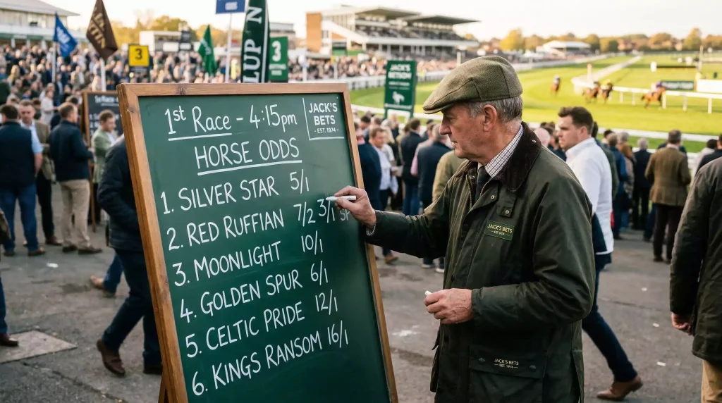 On-course bookmaker chalking up starting prices on a betting board at a UK horse racing meeting
