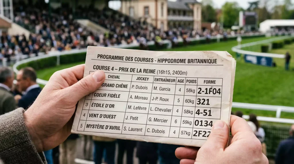 Close-up of a printed racecard showing horse racing form figures