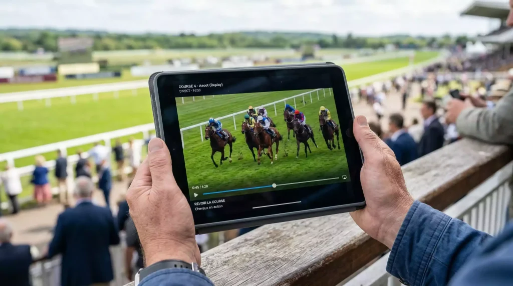 Person watching a horse racing video replay on a laptop with a racecourse in the background