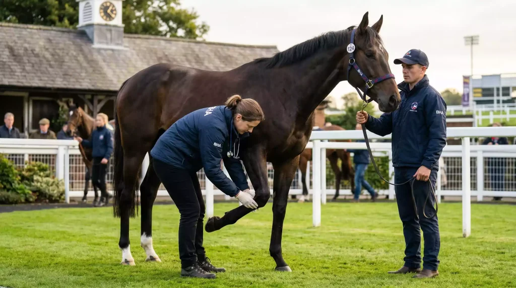 Racecourse veterinary officer examining a thoroughbred horse before a race