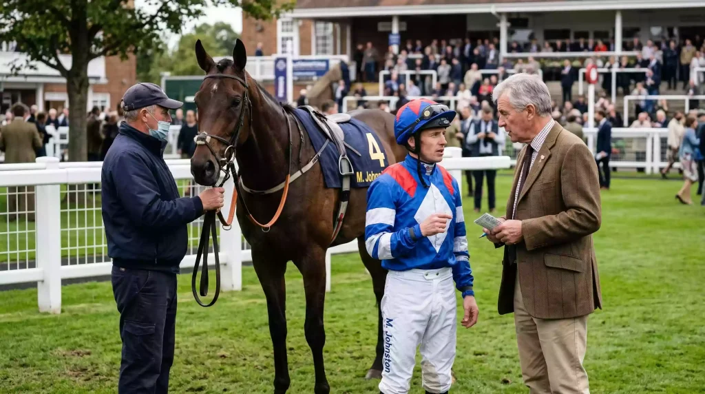 Jockey in colourful silks and trainer in conversation at a UK racecourse paddock