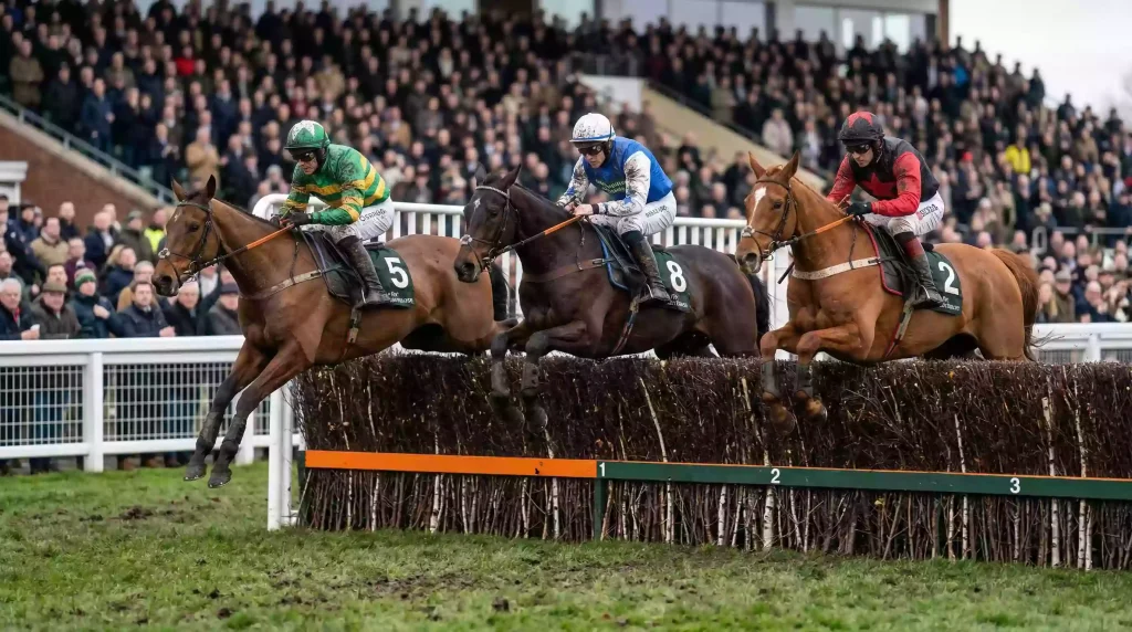 Horses jumping a birch steeplechase fence during a National Hunt race at a UK racecourse
