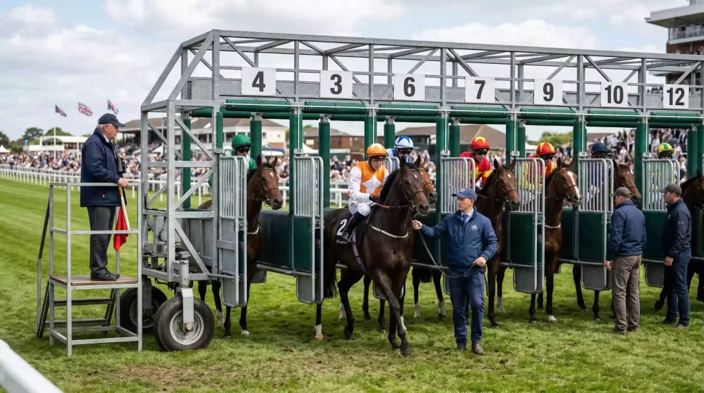Horses loading into starting stalls at a UK flat racecourse moments before the off