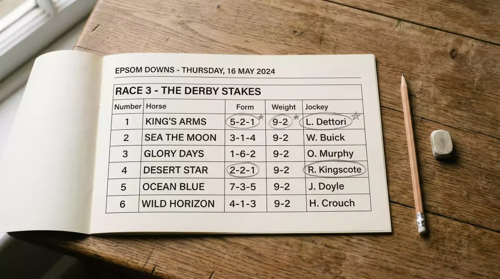 Printed racecard with annotations highlighting key data fields like form, weight and draw