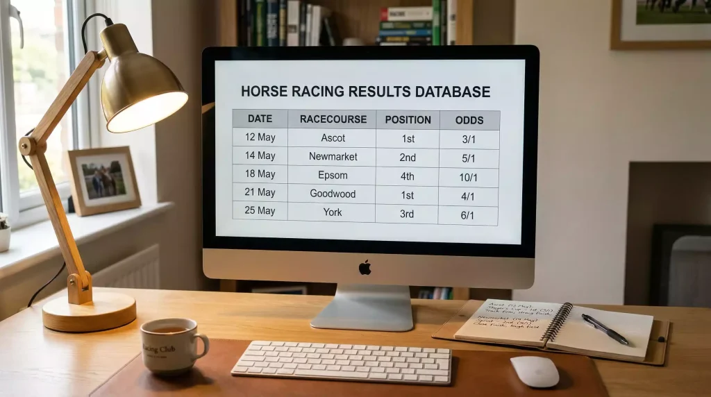 Computer screen displaying a searchable horse racing results database interface