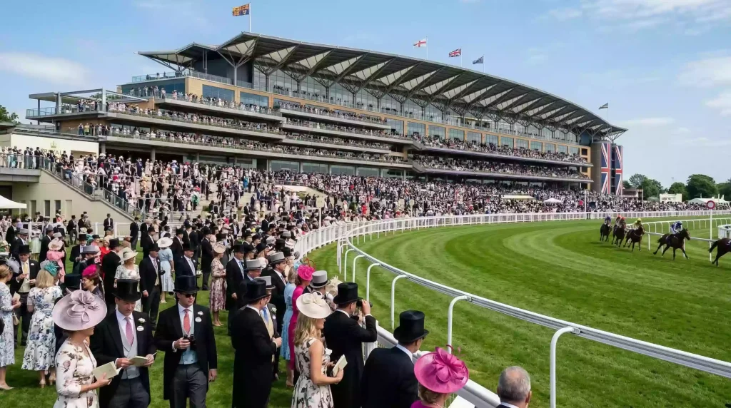The Royal Ascot grandstand packed with racegoers in formal dress on Gold Cup day