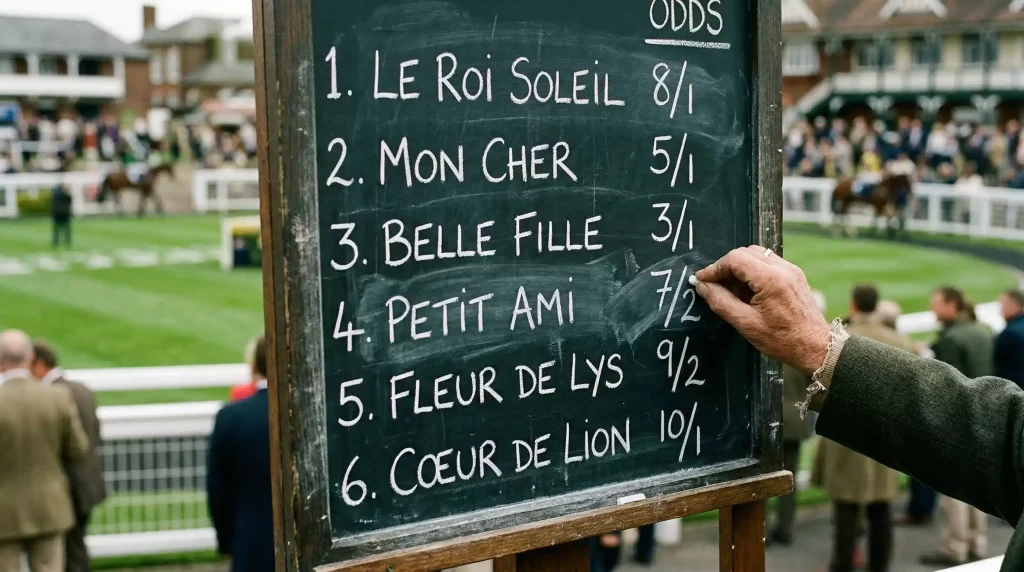 Starting Price odds displayed on a racecourse bookmaker board at a British racecourse