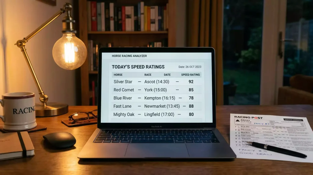 Data screen showing horse racing speed ratings and performance figures alongside results