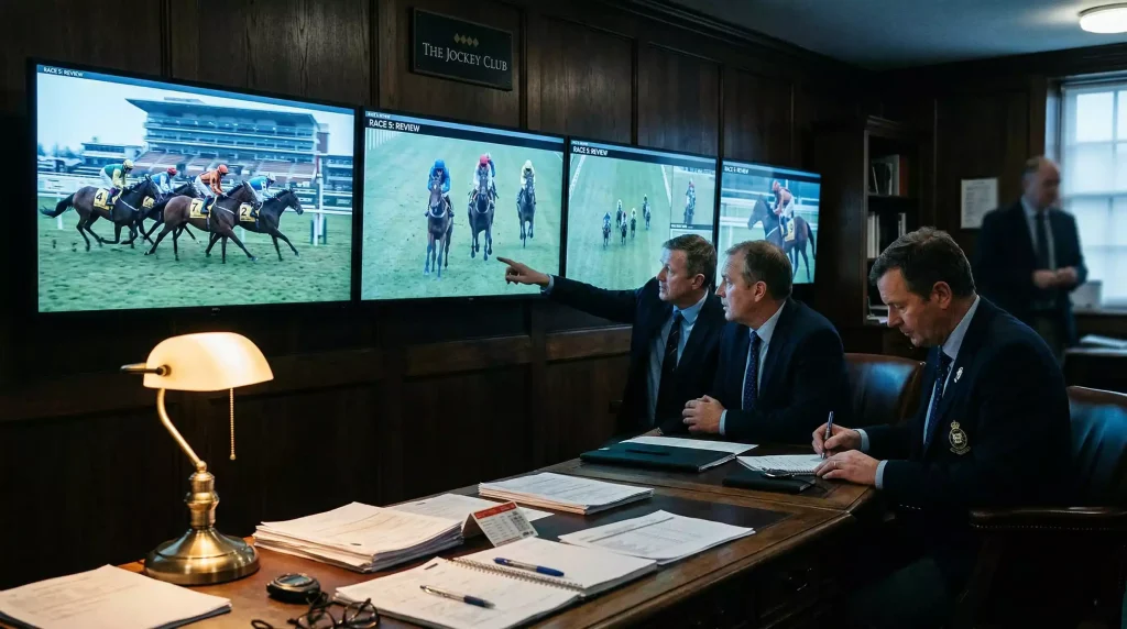Stewards reviewing race footage on monitors during an enquiry at a British racecourse