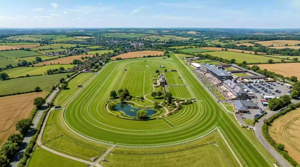 Aerial view of a British racecourse showing the green turf track, white rails and grandstand on a sunny day