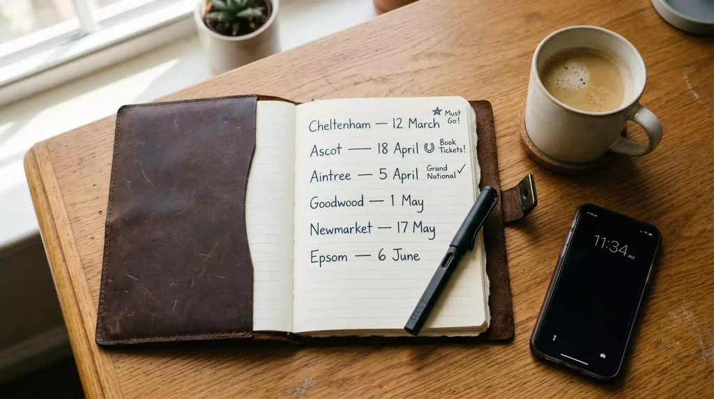Open planner notebook showing UK horse racing fixture dates with racecourse names