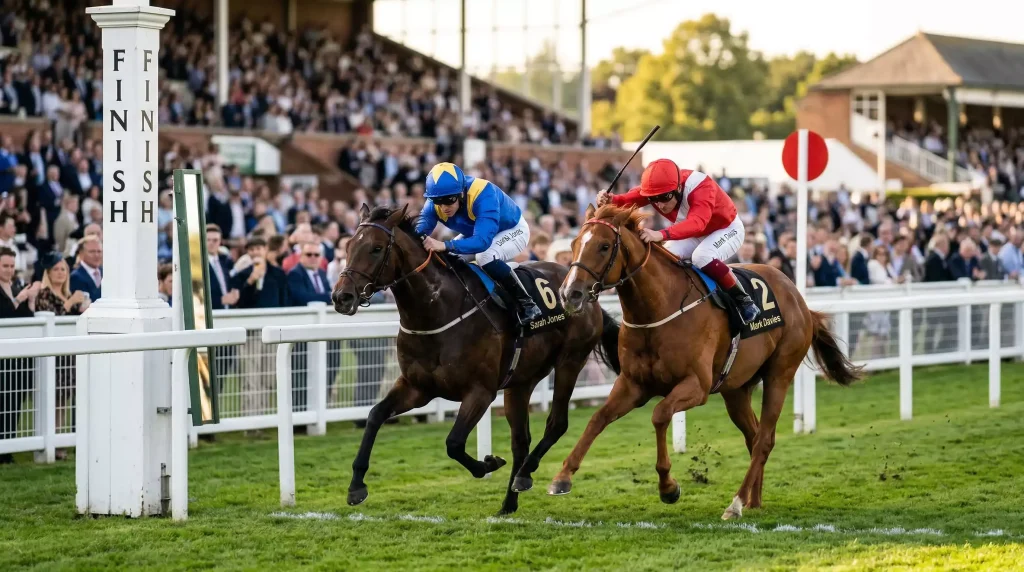 Two horses in a tight photo finish at a UK racecourse showing a narrow winning margin