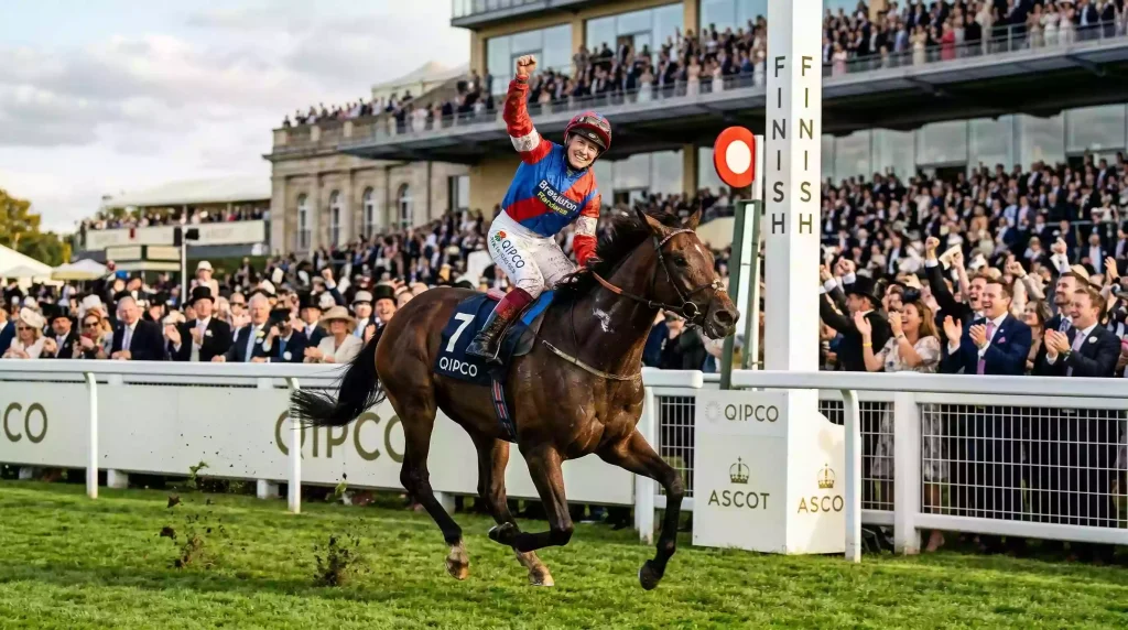 Female jockey celebrating a winner at a major UK horse racing festival